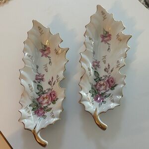 Lot of Two Leaf Shape trinket Dish, Handpaint Roses